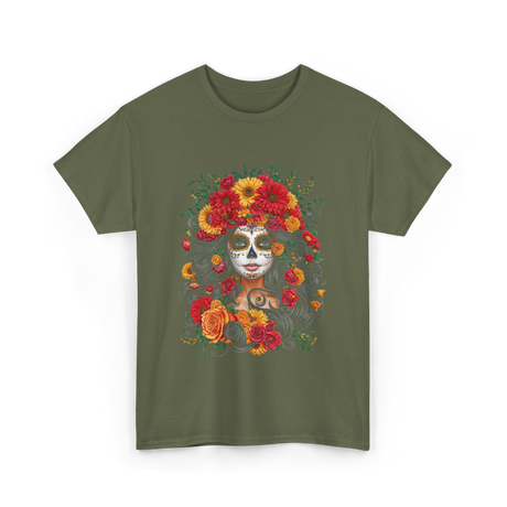 Floral Sugar Skull Woman T-Shirt - Military Green