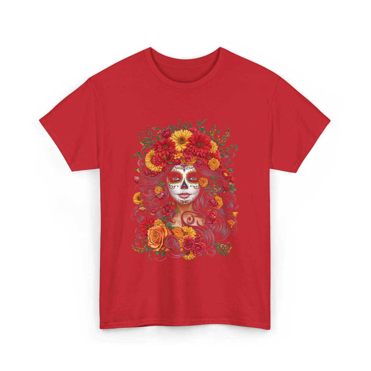 Floral Sugar Skull Woman T-Shirt - Red