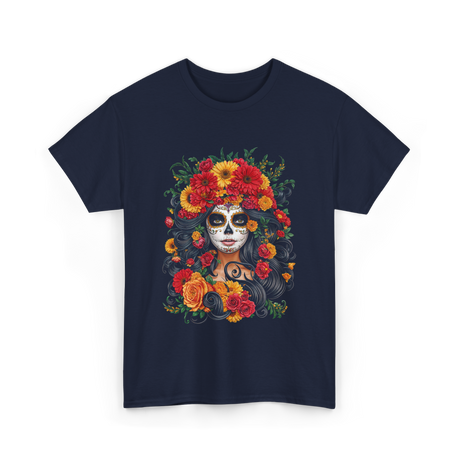 Floral Sugar Skull Woman T-Shirt - Navy