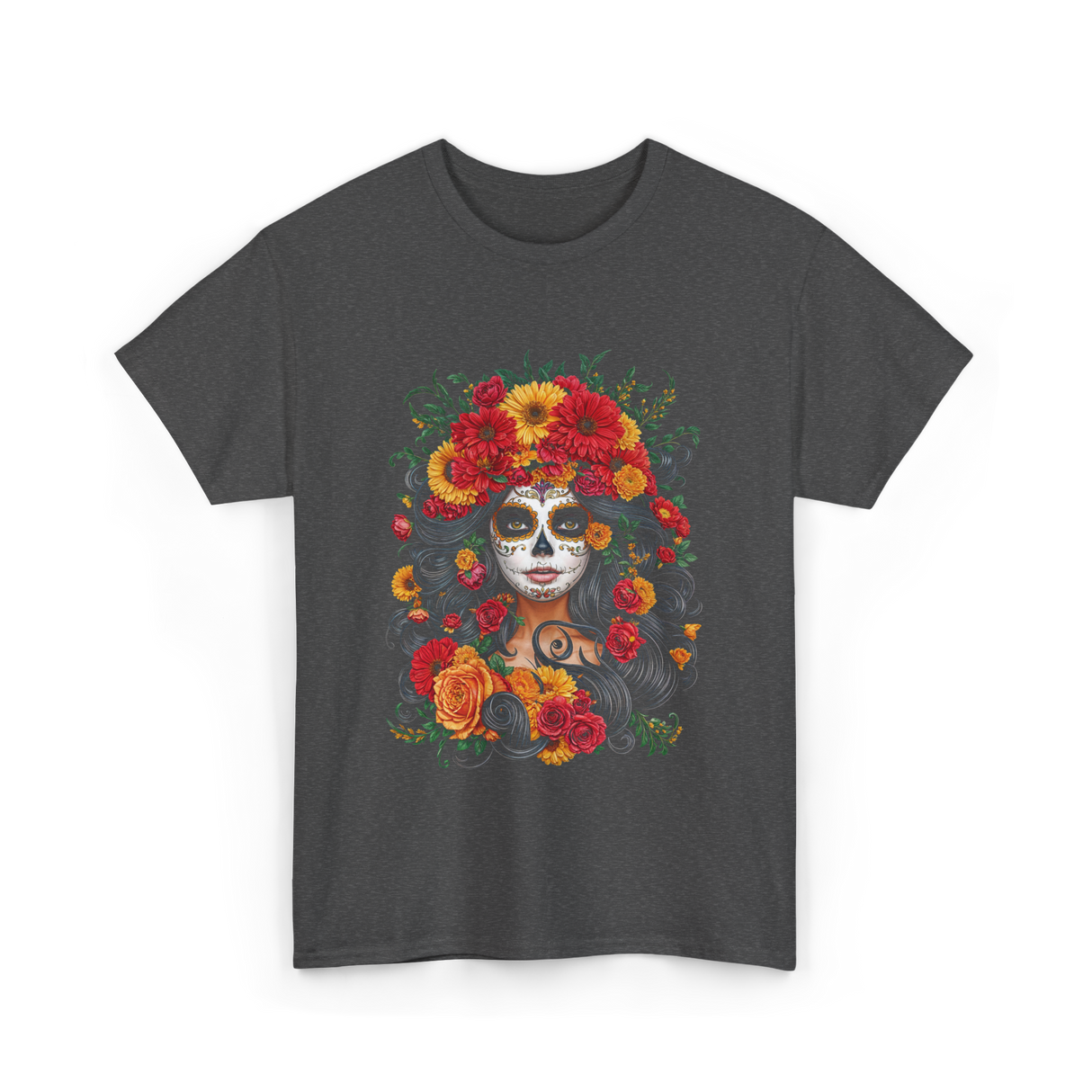 Floral Sugar Skull Woman T-Shirt - Dark Heather