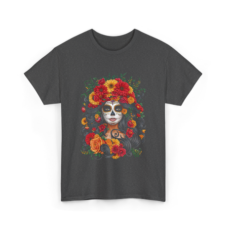 Floral Sugar Skull Woman T-Shirt - Dark Heather