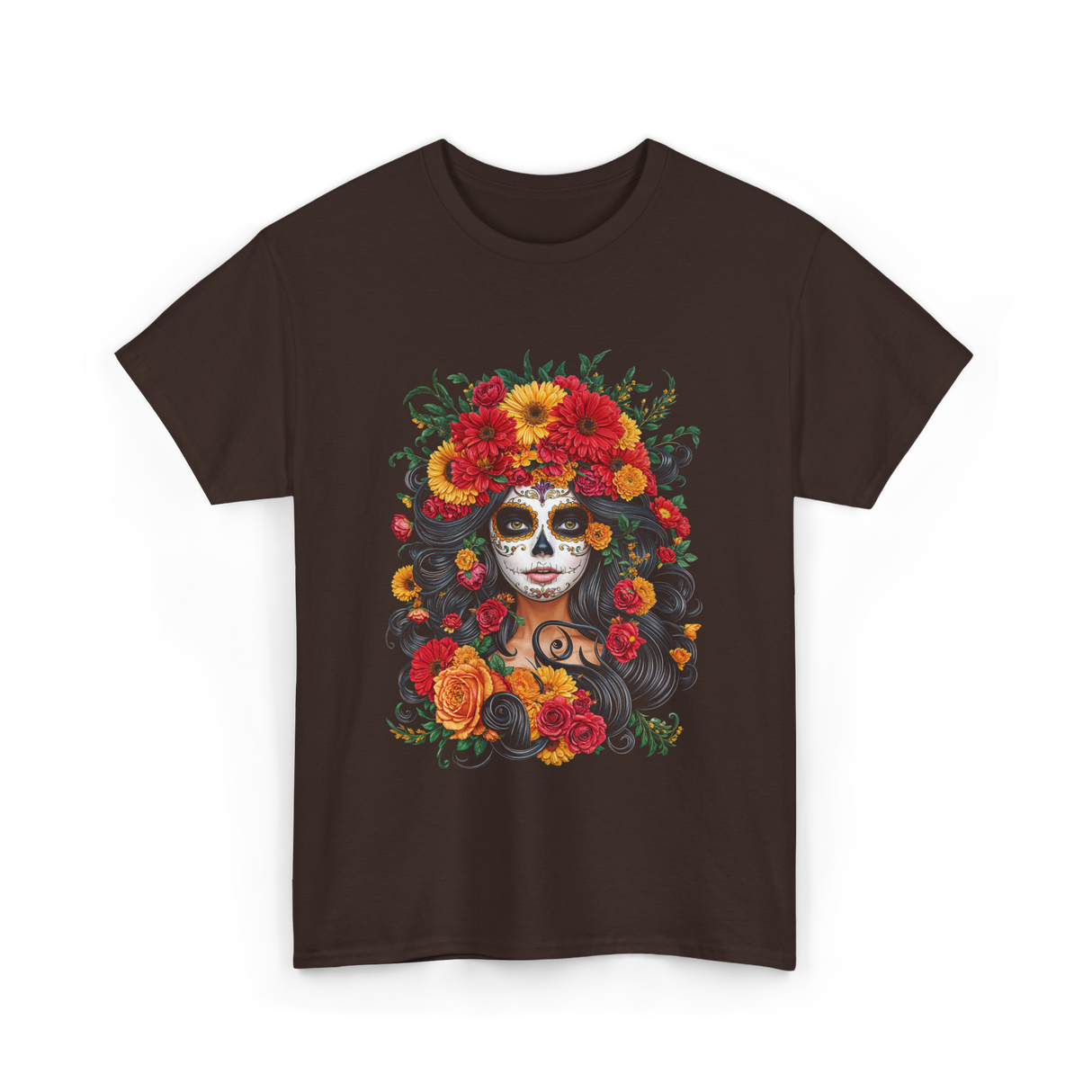 Floral Sugar Skull Woman T-Shirt - Dark Chocolate