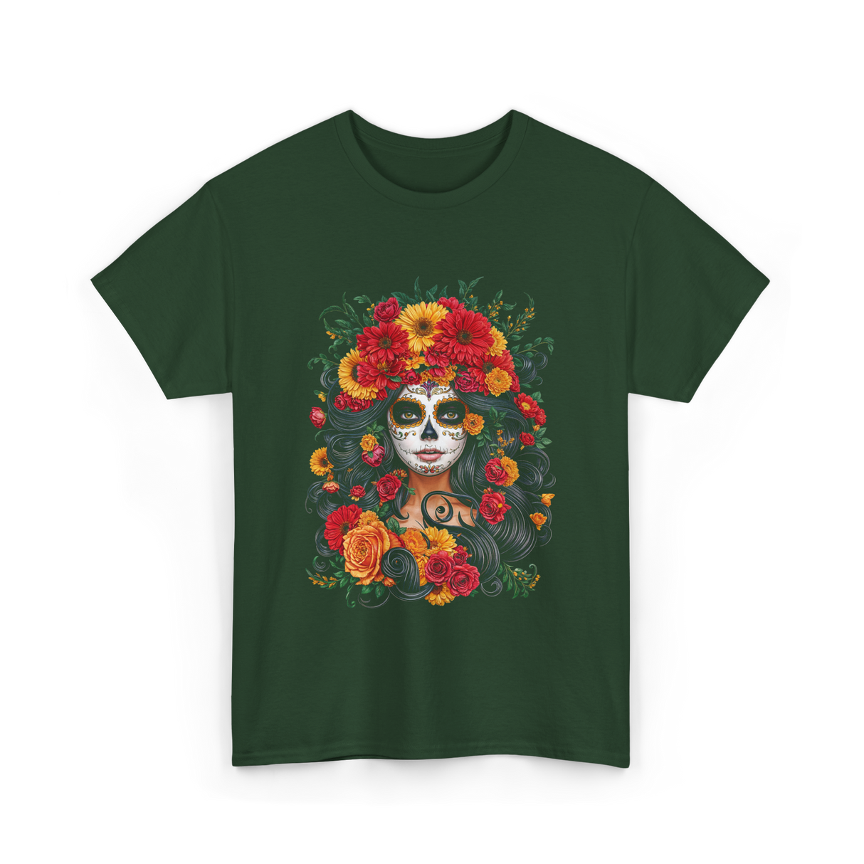 Floral Sugar Skull Woman T-Shirt - Forest Green