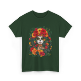 Floral Sugar Skull Woman T-Shirt - Forest Green