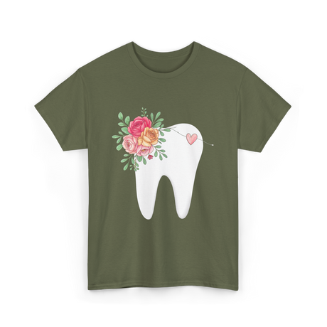 Floral Tooth Dental Hygienist T-Shirt - Military Green