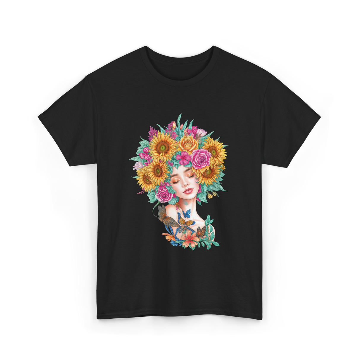 Floral Women Beauty Art T-Shirt - Black