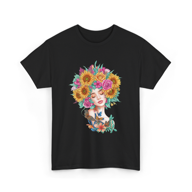 Floral Women Beauty Art T-Shirt - Black