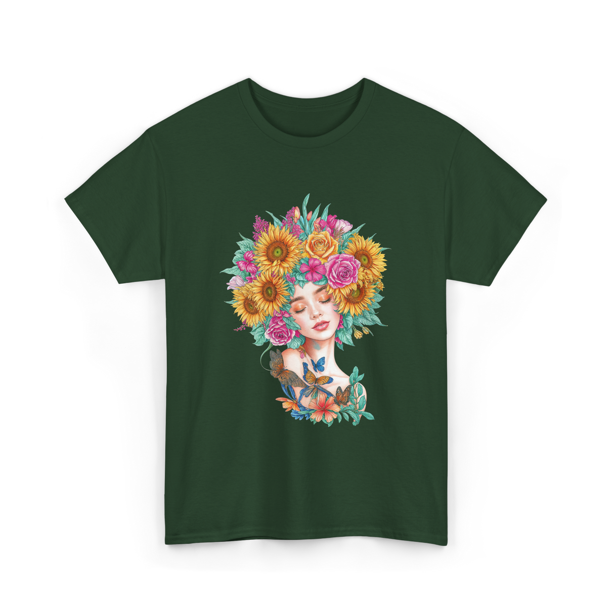 Floral Women Beauty Art T-Shirt - Forest Green