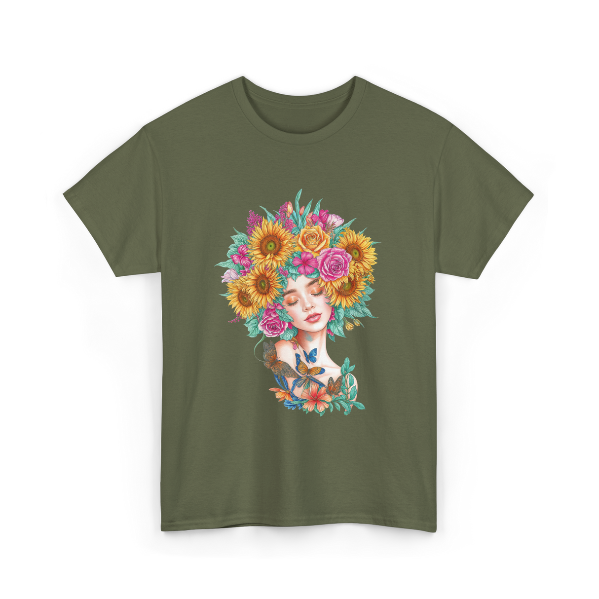 Floral Women Beauty Art T-Shirt - Military Green