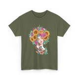 Floral Women Beauty Art T-Shirt - Military Green