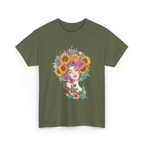 Floral Women Beauty Art T-Shirt - Military Green