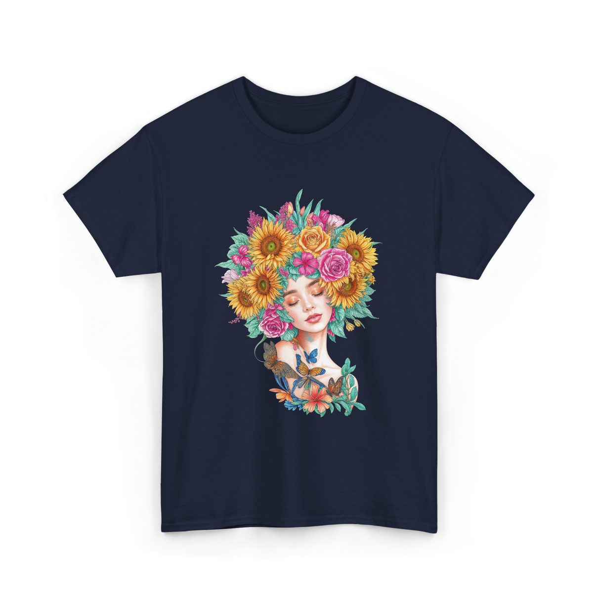 Floral Women Beauty Art T-Shirt - Navy