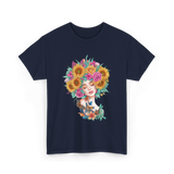 Floral Women Beauty Art T-Shirt - Navy