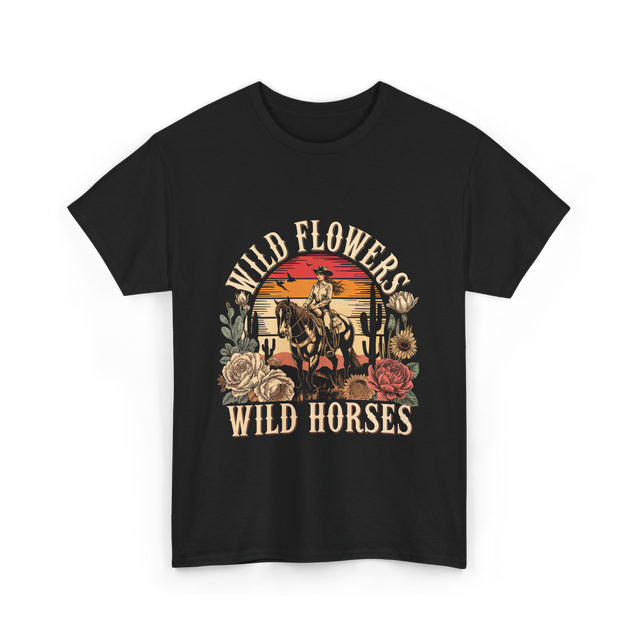 Flowers Horses Cowgirl T-Shirt - Black