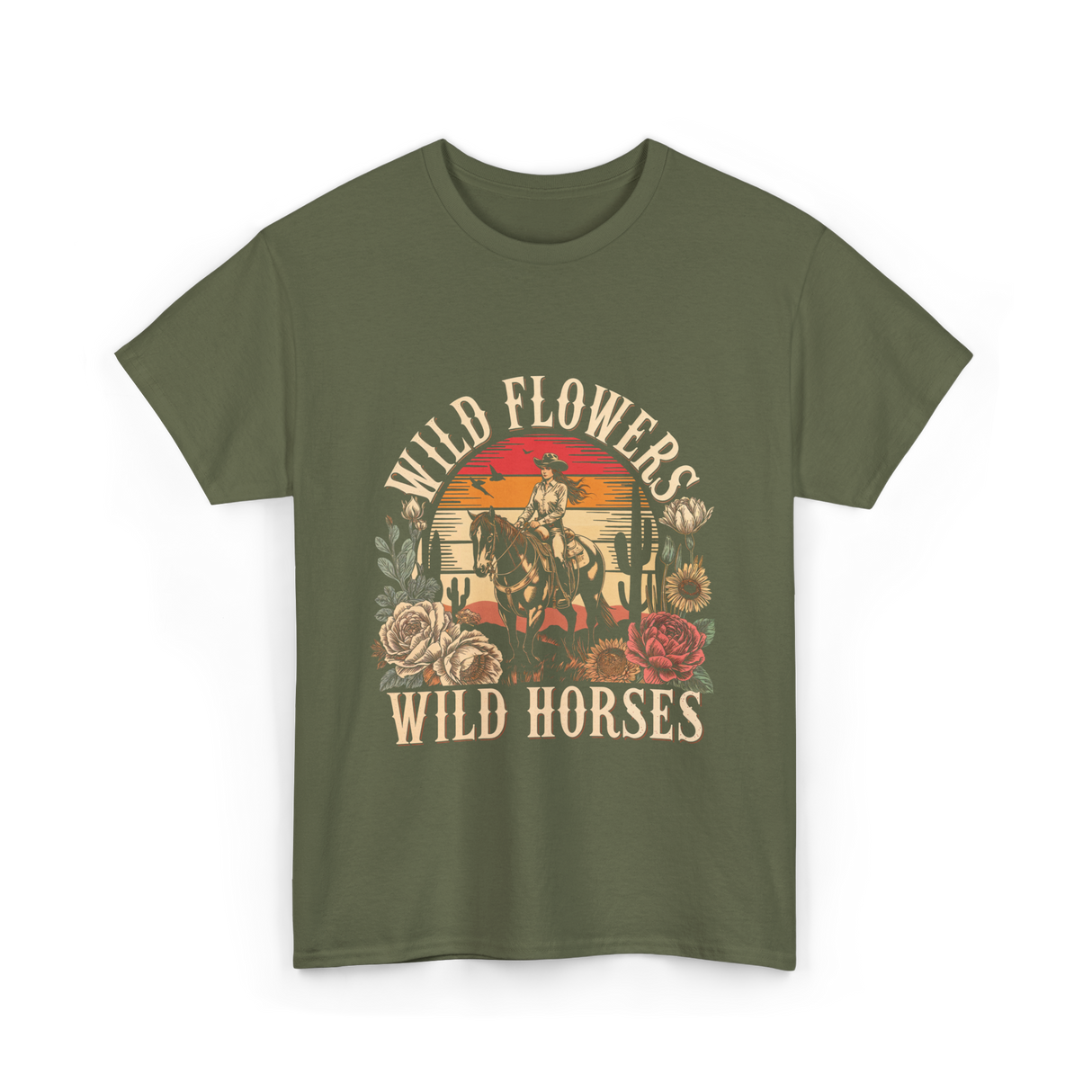 Flowers Horses Cowgirl T-Shirt - Military Green