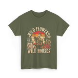 Flowers Horses Cowgirl T-Shirt - Military Green