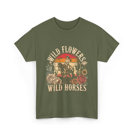 Flowers Horses Cowgirl T-Shirt - Military Green