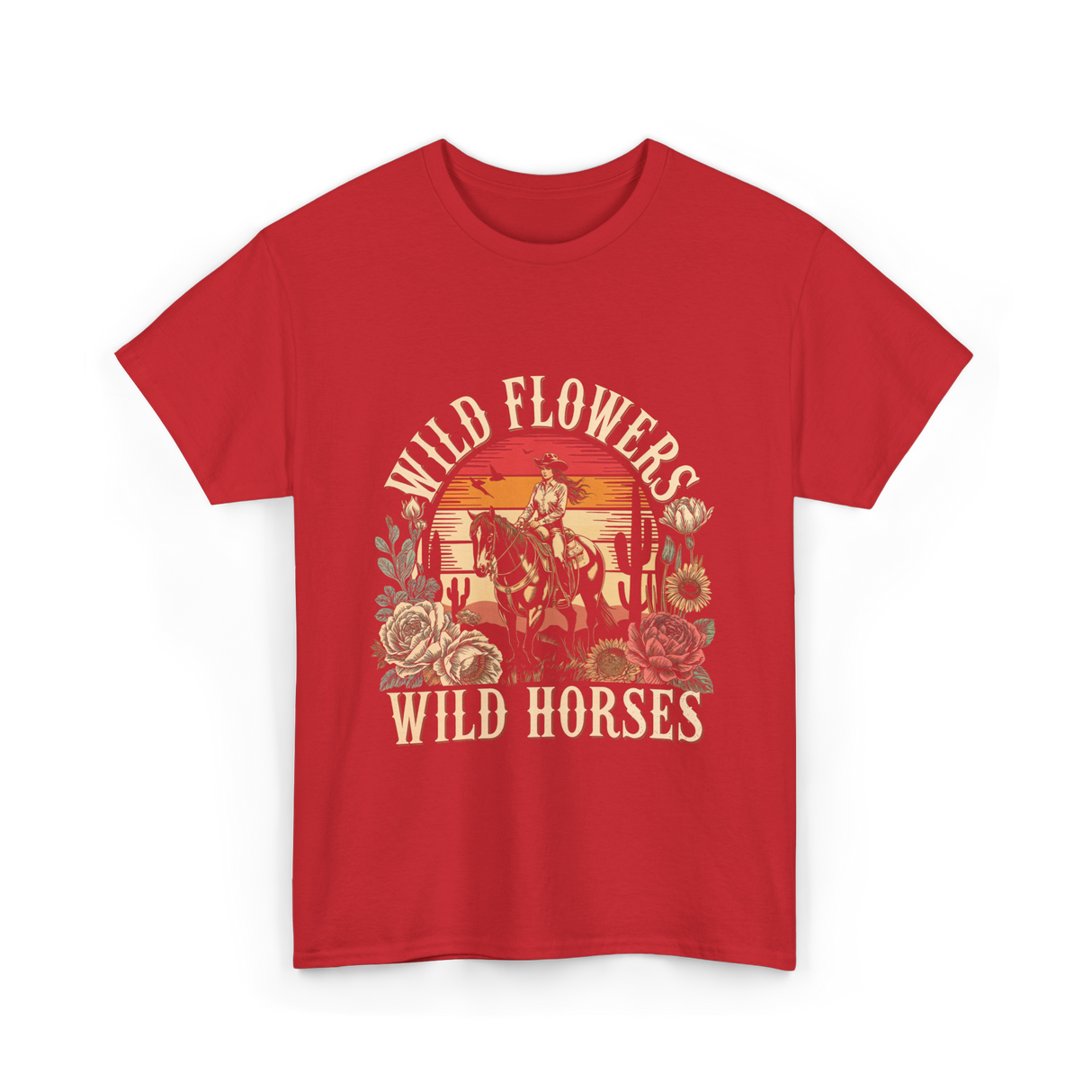 Flowers Horses Cowgirl T-Shirt - Red