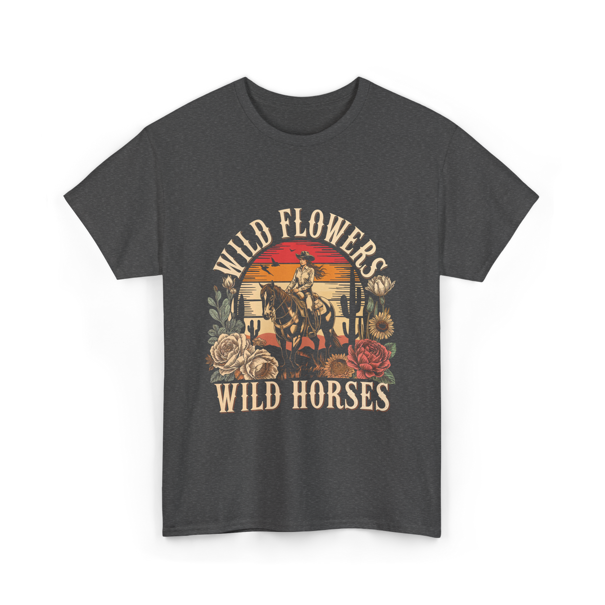 Flowers Horses Cowgirl T-Shirt - Dark Heather