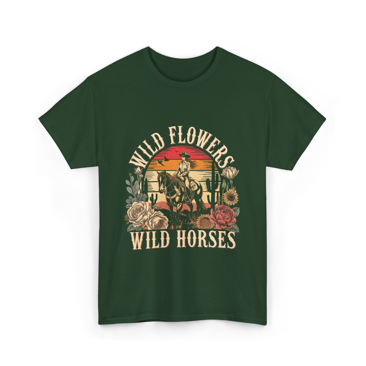 Flowers Horses Cowgirl T-Shirt - Forest Green