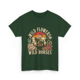 Flowers Horses Cowgirl T-Shirt - Forest Green