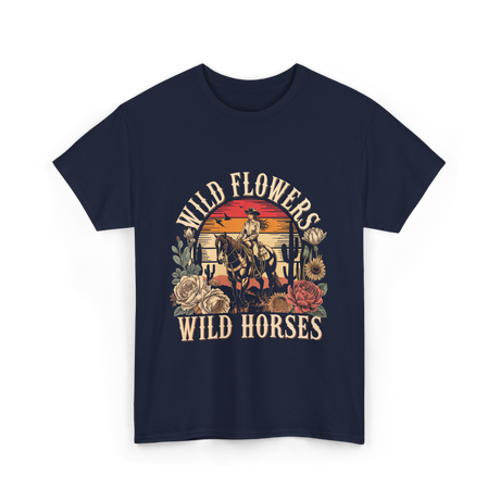 Flowers Horses Cowgirl T-Shirt - Navy