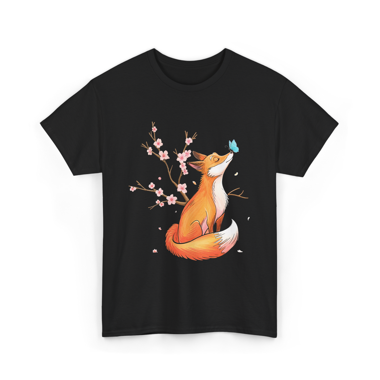 Fox Cherry Blossom Nature T-Shirt - Black