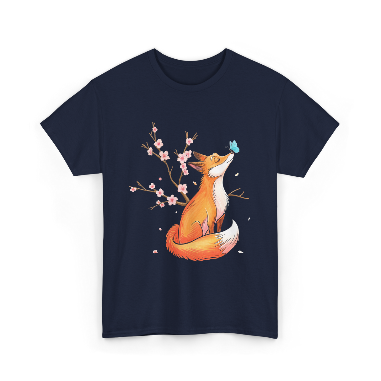 Fox Cherry Blossom Nature T-Shirt - Navy