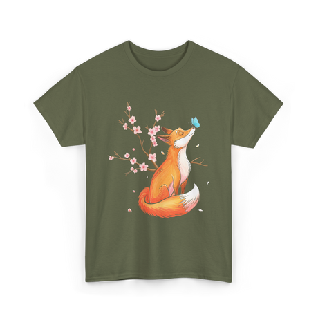 Fox Cherry Blossom Nature T-Shirt - Military Green