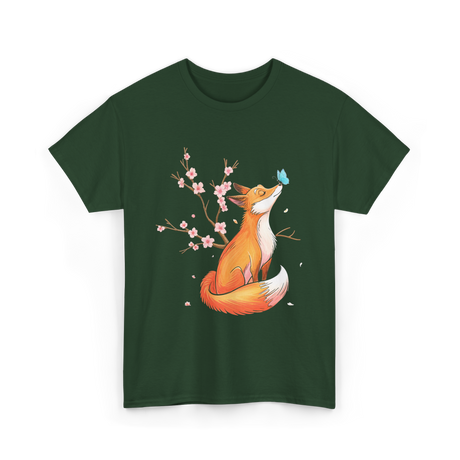 Fox Cherry Blossom Nature T-Shirt - Forest Green