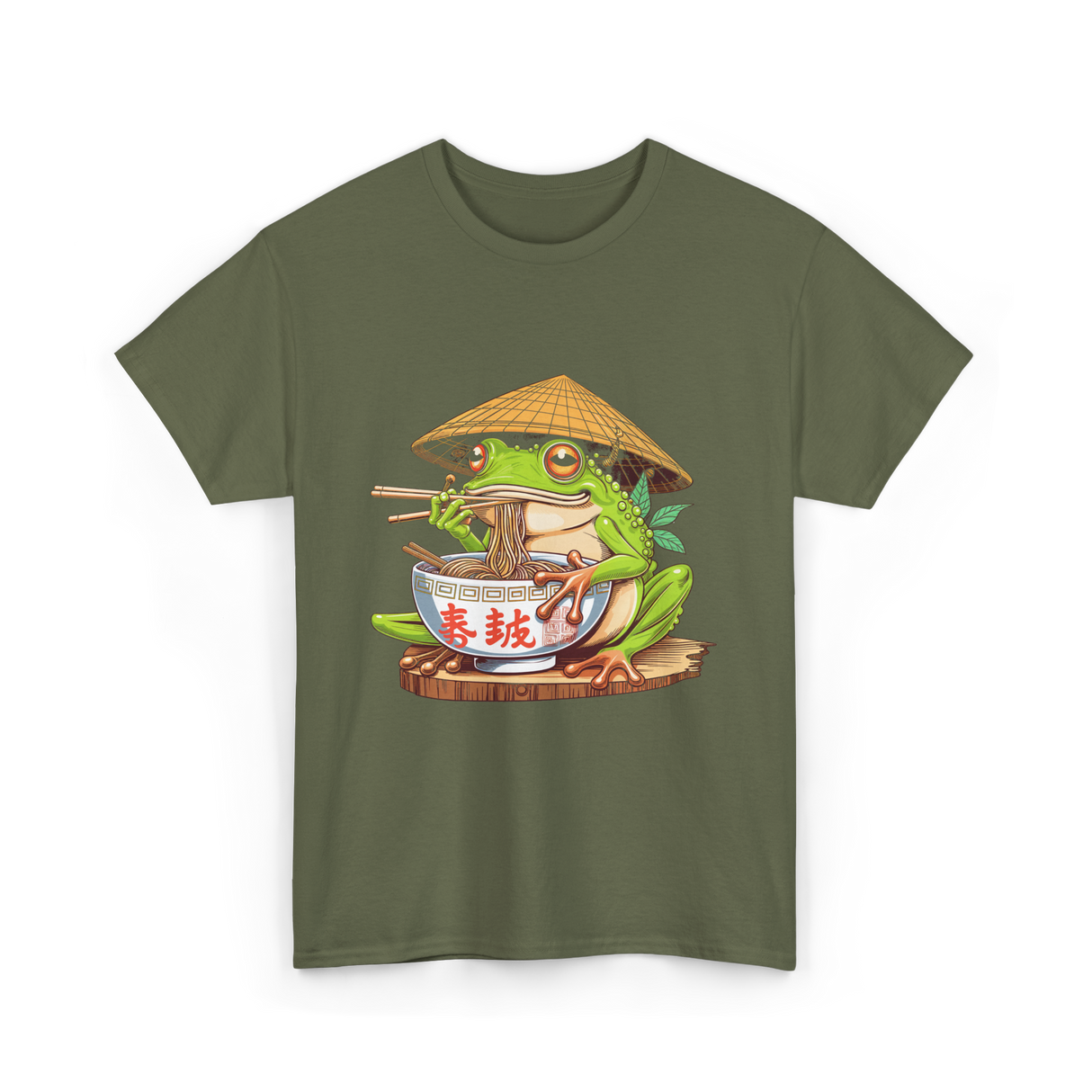 Frog Eating Ramen Japanese T-Shirt - Military Green