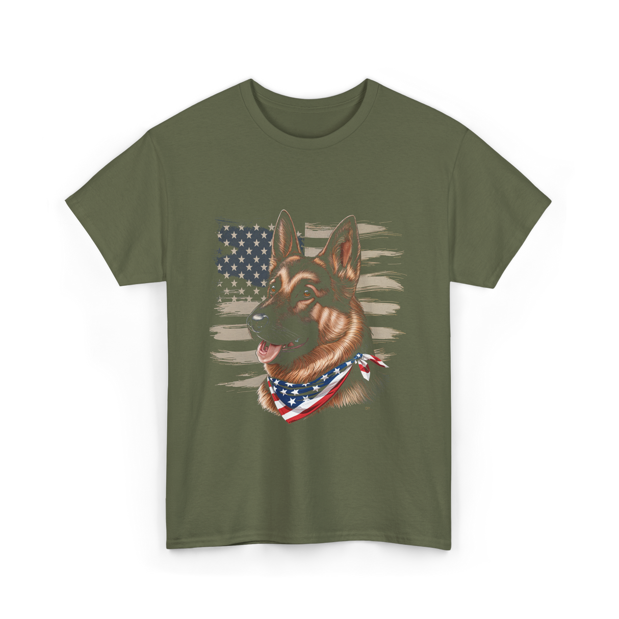 German Shepherd American Flag Dog Patriotic T-Shirt - Military Green