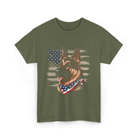 German Shepherd American Flag Dog Patriotic T-Shirt - Military Green