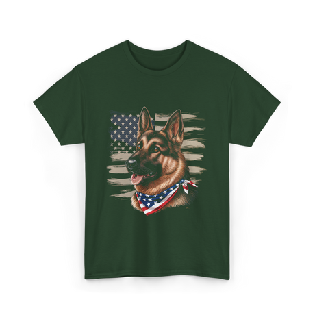 German Shepherd American Flag Dog Patriotic T-Shirt - Forest Green