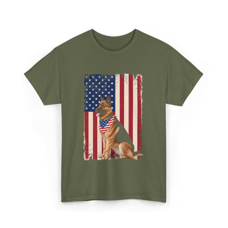 German Shepherd American Flag Dog T-Shirt - Military Green