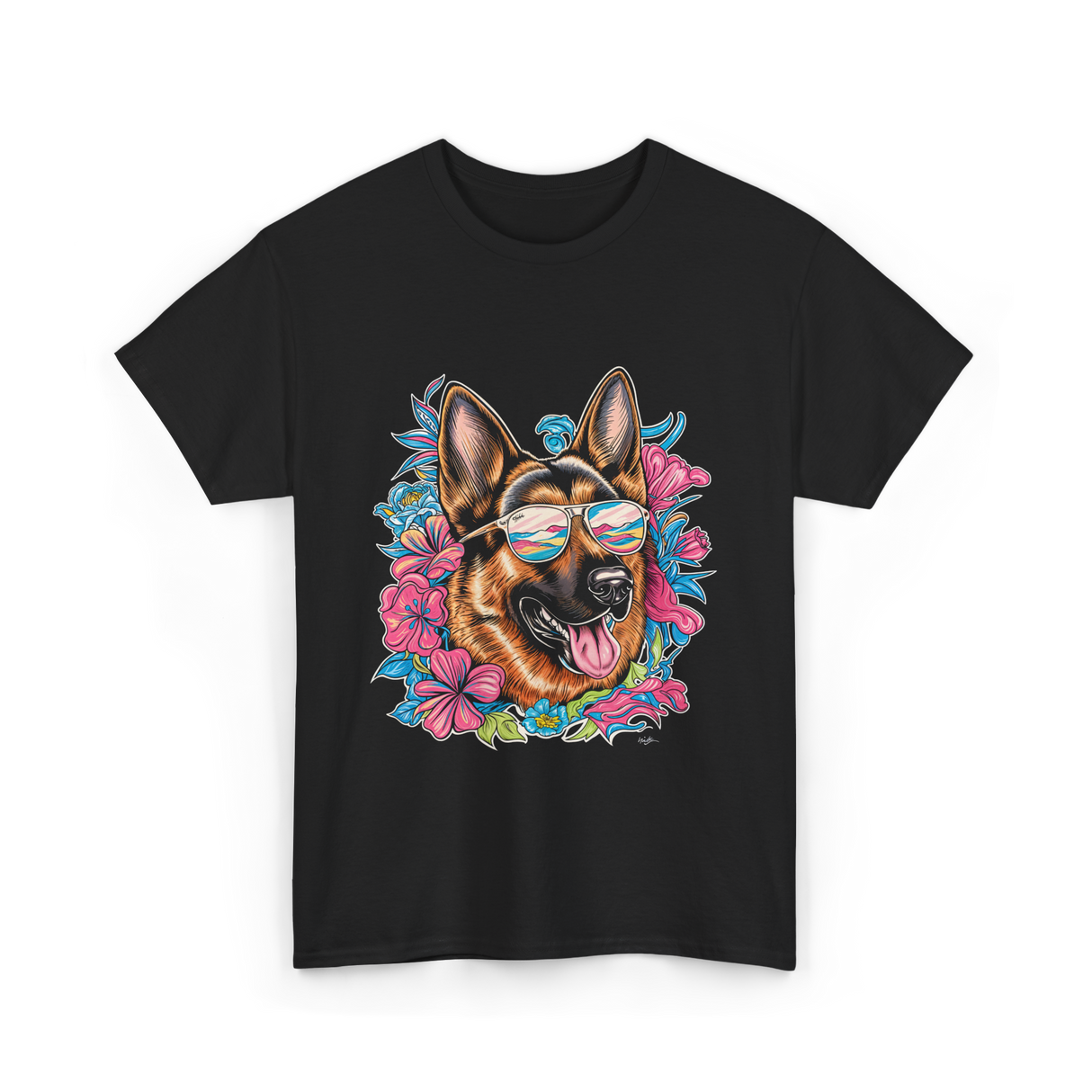 German Shepherd Floral Nature Dog Lovers T-Shirt - Black