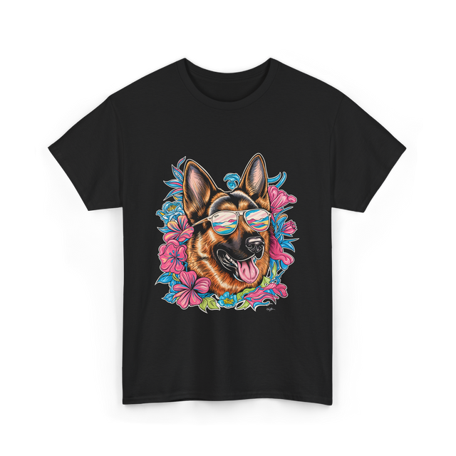 German Shepherd Floral Nature Dog Lovers T-Shirt - Black