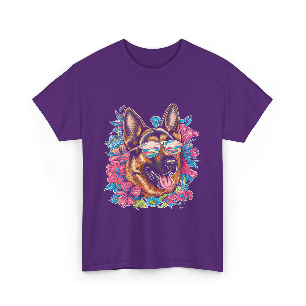 German Shepherd Floral Nature Dog Lovers T-Shirt - Purple