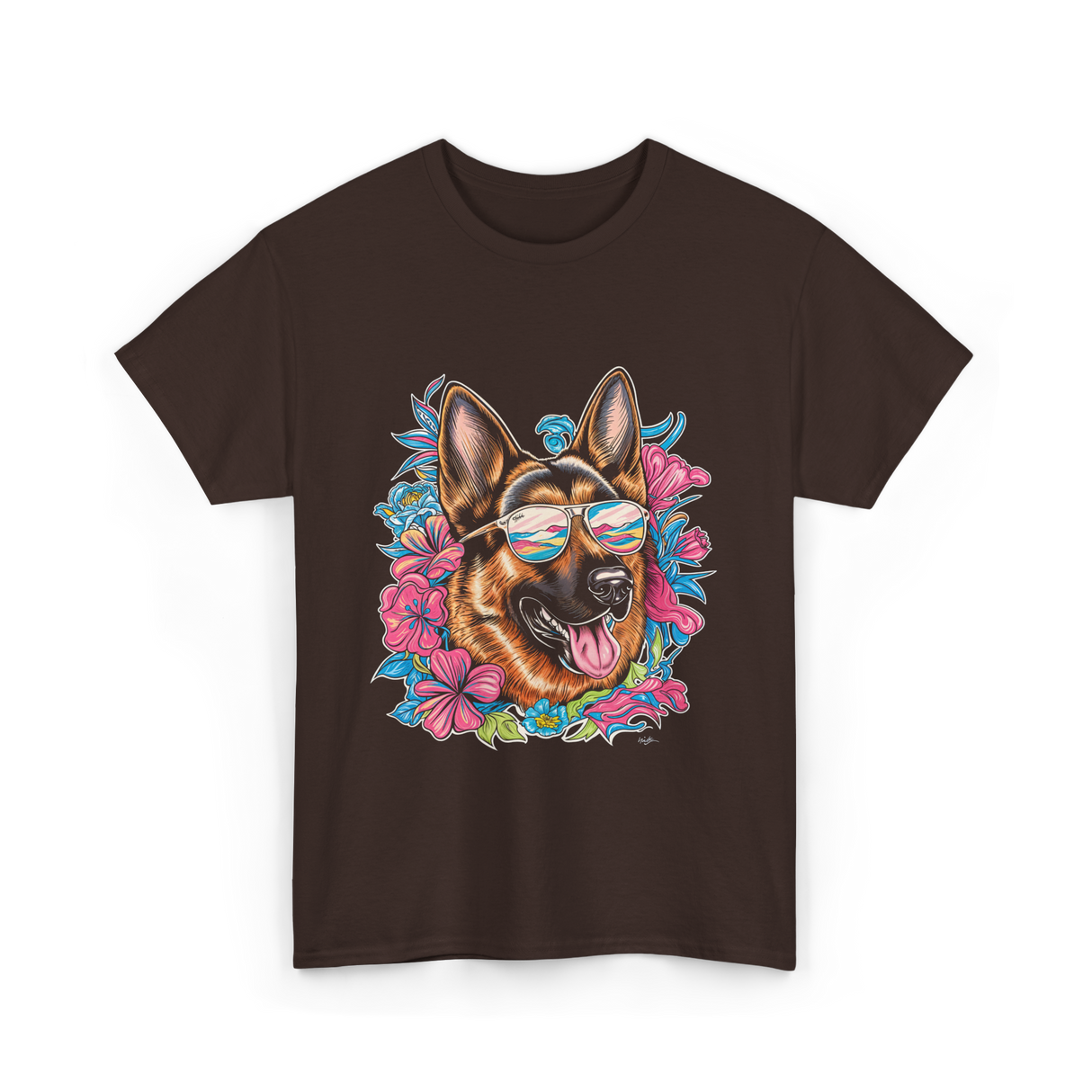 German Shepherd Floral Nature Dog Lovers T-Shirt - Dark Chocolate