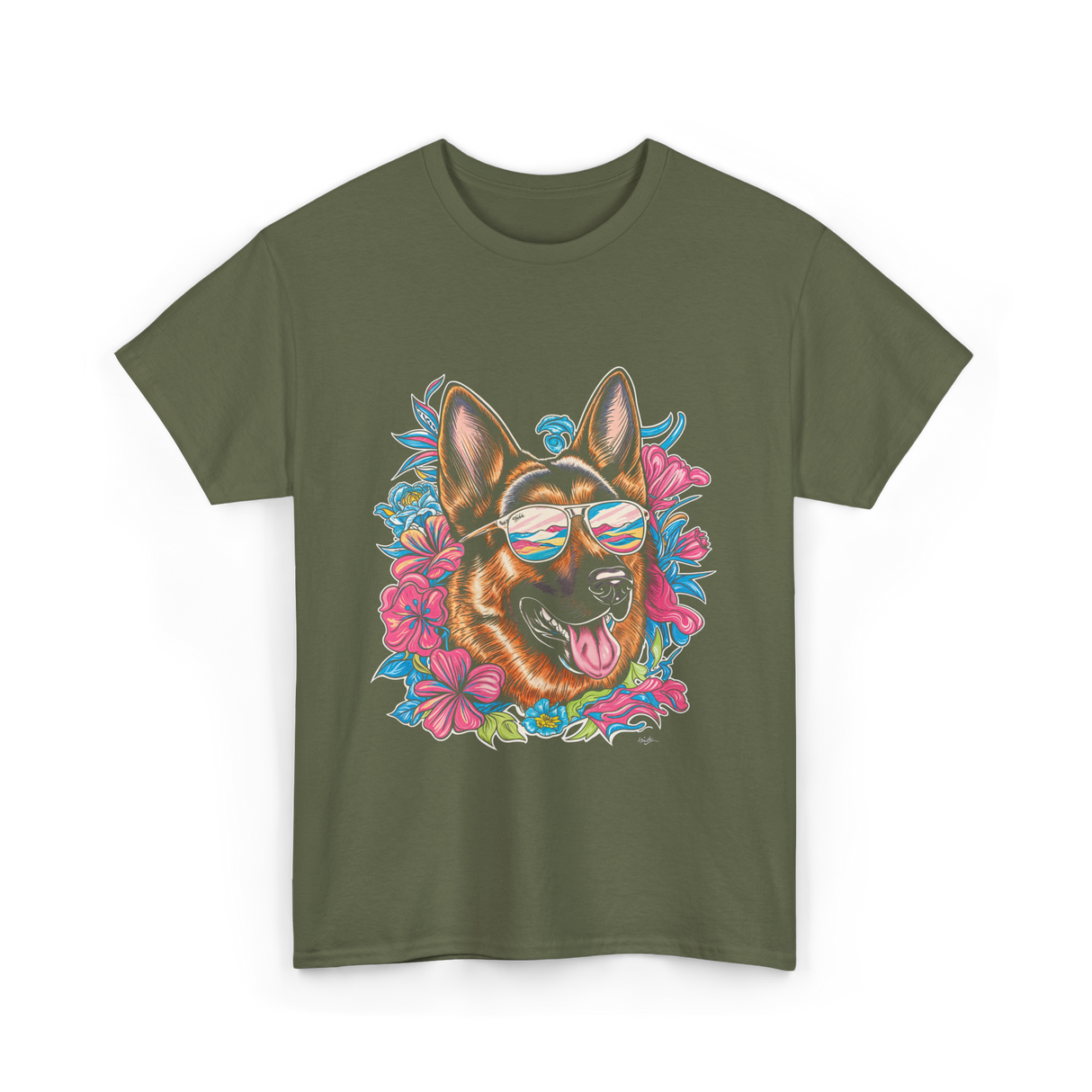 German Shepherd Floral Nature Dog Lovers T-Shirt - Military Green