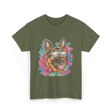 German Shepherd Floral Nature Dog Lovers T-Shirt - Military Green