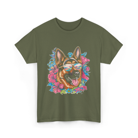 German Shepherd Floral Nature Dog Lovers T-Shirt - Military Green