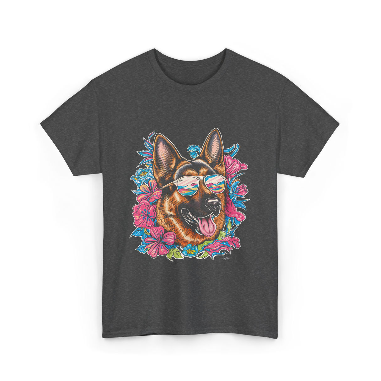 German Shepherd Floral Nature Dog Lovers T-Shirt - Dark Heather