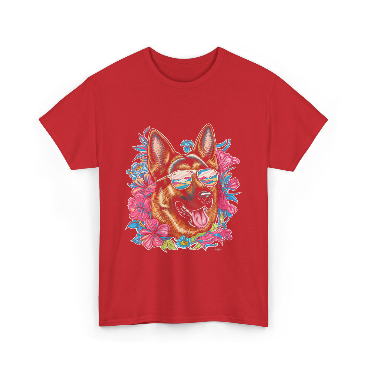 German Shepherd Floral Nature Dog Lovers T-Shirt - Red