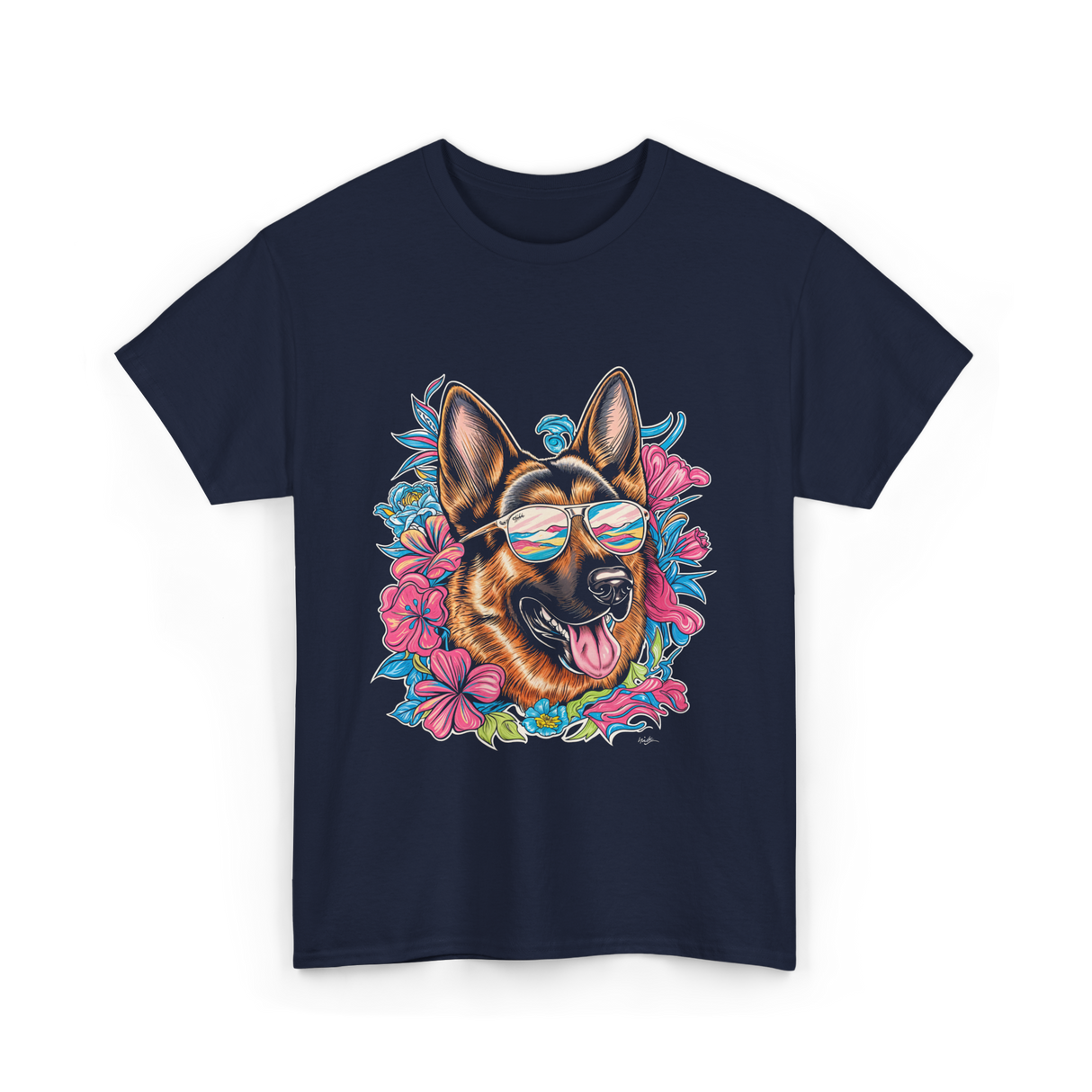 German Shepherd Floral Nature Dog Lovers T-Shirt - Navy