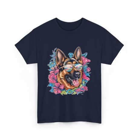 German Shepherd Floral Nature Dog Lovers T-Shirt - Navy