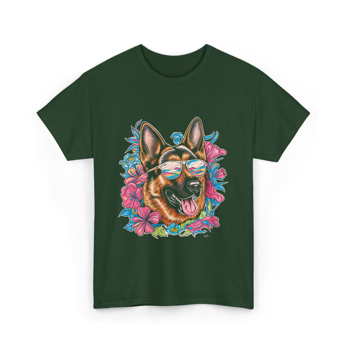 German Shepherd Floral Nature Dog Lovers T-Shirt - Forest Green