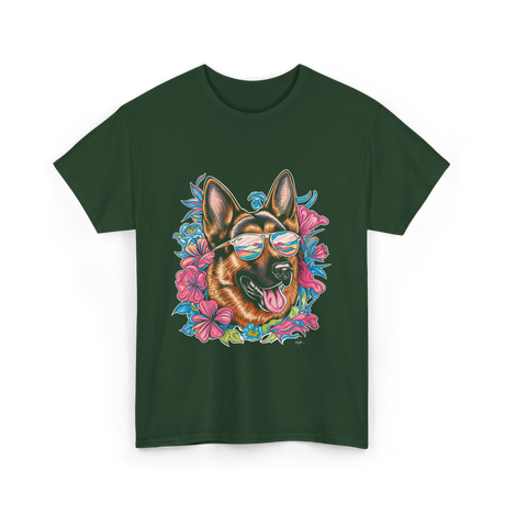 German Shepherd Floral Nature Dog Lovers T-Shirt - Forest Green