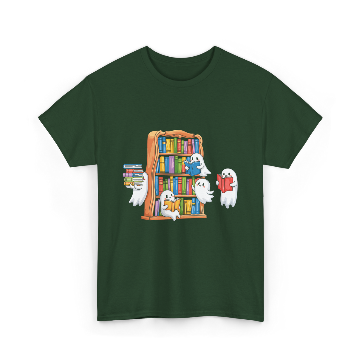 Ghosts Reading Books Halloween Librarian T-Shirt - Forest Green