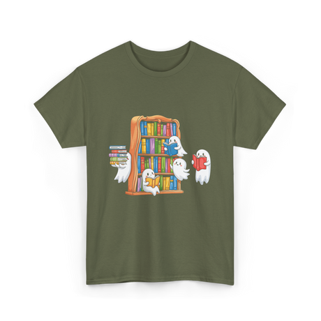 Ghosts Reading Books Halloween Librarian T-Shirt - Military Green